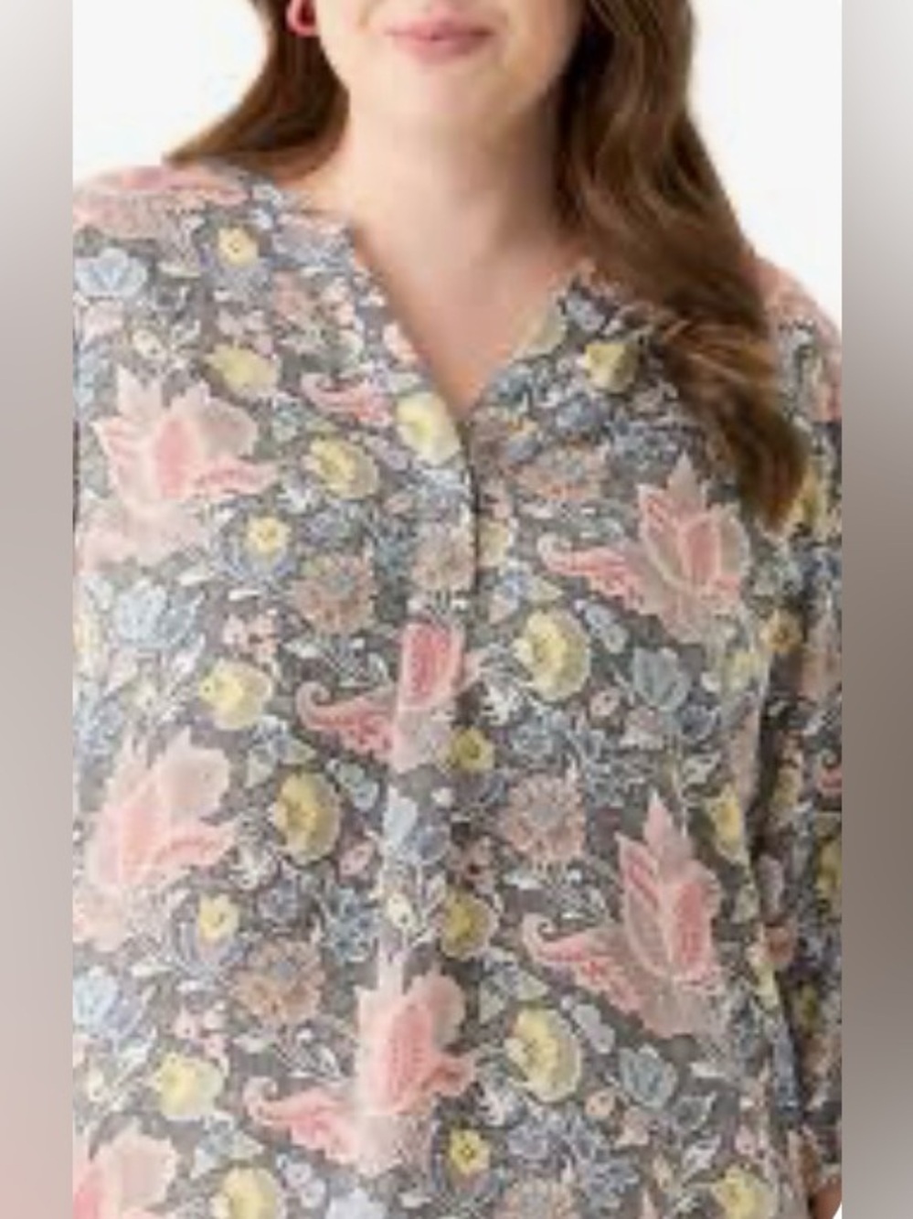 Tahari Woman 3X Gray Floral Paisley V-Neck Long Sleeve Blouse Top Boho